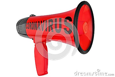 Coronavirus pandemic danger, covid 19 epidemic, red megaphone white background isolated closeup, loudspeaker icon alarm loudhailer Stock Photo