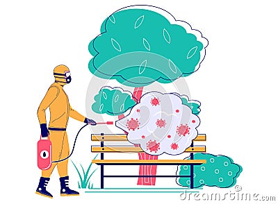 Coronavirus pandemic. Man in hazmat suit disinfecting city park bench, flat vector illustration. Disinfection services. Vector Illustration