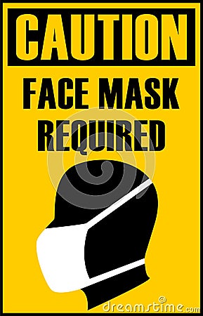 Coronavirus pandemic warning sign with text face mask required outlined with black. Silhouette of person head wearing protective m Vector Illustration