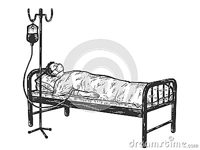 Coronavirus patient. Sick lies with intravenous saline solution. Cartoon Illustration
