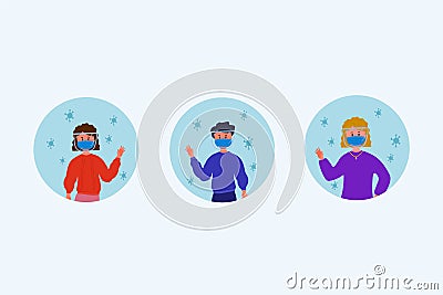 Coronavirus people in masks. A set of people in protective masks in the circle of the virus. Pandemic collection of portrait of a Vector Illustration