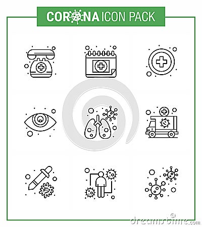 Coronavirus Precaution Tips icon for healthcare guidelines presentation 9 Line icon pack such as ambulance, infedted, healthcare Vector Illustration