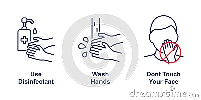 Coronavirus precaution tips linear icons on white background Vector Illustration