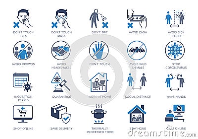 Coronavirus prevention flat icons. Vector illustration include icon - social distance, quarantine violation, incubation Vector Illustration
