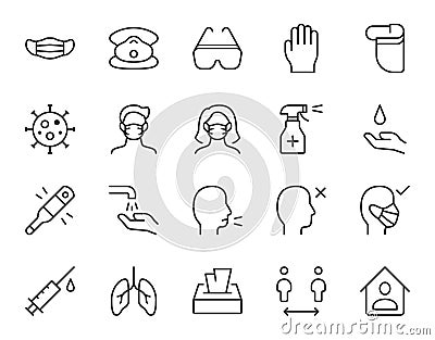 Coronavirus prevention line icon. Minimal vector illustration with simple outline icons as surgical face mask, gloves Vector Illustration