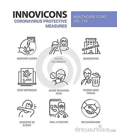 Coronavirus protective measures - line design style icons Vector Illustration