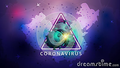 Coronavirus, purple poster with triangle warning sign with coronavirus molecules Stock Photo