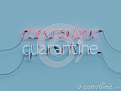 Coronavirus Quarantine neon graphic sign with blue background and coronavirus word mode on with red neon color Stock Photo