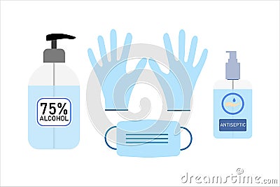 Coronavirus sterilization kit. Medical mask, gloves, antiseptic Stock Photo