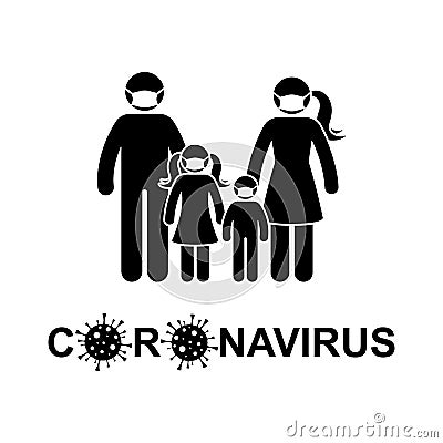 Coronavirus stick figure man, woman, children, kid icon sign symbol vector. Stickman family wearing mask to avoid virus infection Vector Illustration