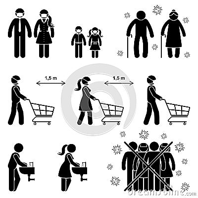 Coronavirus stick figure man, woman, children vector icon. Social distance rules in shop, wash hands, avoid crowd, elderly risk Vector Illustration