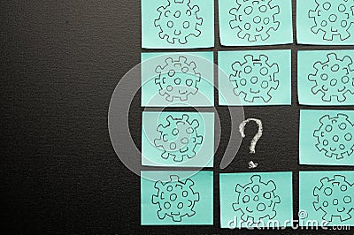 Coronavirus stickers and question mark. Conception of unexpectedness in results from coronavirus. News, articles, newspapers. With Stock Photo