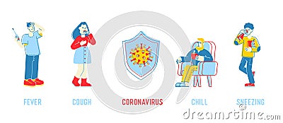 Coronavirus Symptoms Concept. Cough Fever Chill Sneezing Infographics Elements, Human Showing Cov Risk Factors Vector Illustration