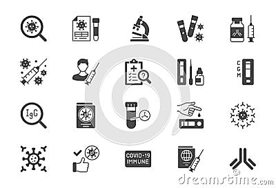 Coronavirus test flat icons. Vector illustration include glyph icon - vaccine clinical trial, antibody, rapid kid, blood Vector Illustration