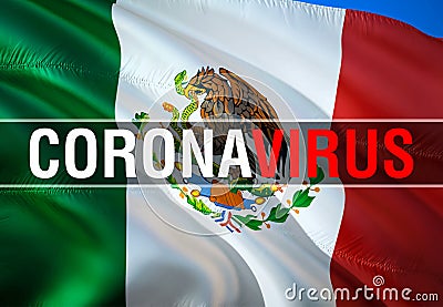 Coronavirus Text on Mexico flag background. Coronavirus hazard and Infection in Mexico concept. 3D rendering Corona virus concept Stock Photo