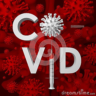 Coronavirus vaccination. COVID word with virus cell like `O` and a syringe with a vaccine like `I`. Stock Photo