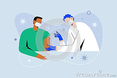 Coronavirus vaccination, doctor injecting a patient, getting first shot of covid vaccine in arm muscle. Medical doctor Vector Illustration