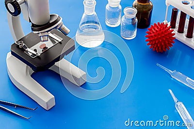 Coronavirus vaccine, research with microscope. Blue background space for text Stock Photo