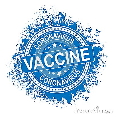 blue Coronavirus Vaccine Stamp Illustration. Covid-19 Virus Pandemic Design. Seal Vintage Badge Retro. Stock Photo