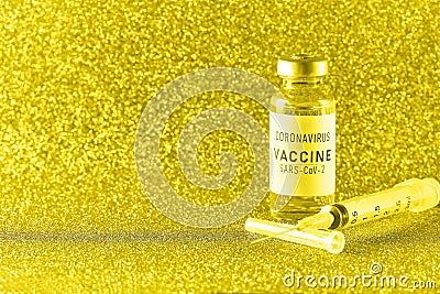 Coronavirus vaccine. Vaccine values during the acute period of the covid-19 pandemic concept. Vial and syringe on a Stock Photo
