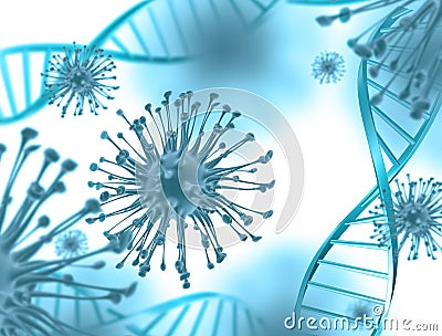 Coronavirus viral cells on abstract blurred background Stock Photo