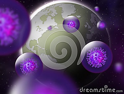 Coronavirus viral cells on abstract blurred background Stock Photo