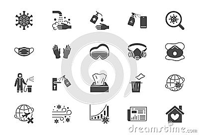 Coronavirus, virus prevention flat icons. Vector illustration include icon - wash hands disinfection, face mask Vector Illustration