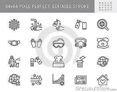 Coronavirus, virus prevention line icons. Vector illustration include icon - wash hands disinfection, face mask Vector Illustration