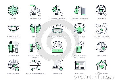 Coronavirus, virus prevention line icons. Vector illustration include icon - wash hands disinfection, face mask Vector Illustration