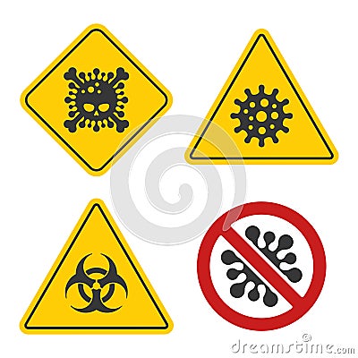 Coronavirus Warning and Stop Sign Set on White Bsckground. Vector Vector Illustration