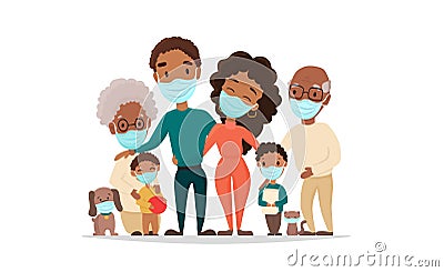 Coronavirus in whole world. African black family in medical face mask. Vector Illustration