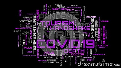 COVID-19 word collage illustration. Purple modern word cloud backdrop Cartoon Illustration