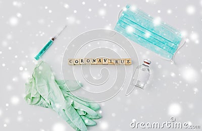 Coronavirus word, mask, gloves, syringe and drug Stock Photo