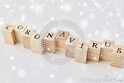 Coronavirus word on wooden toy blocks on white Stock Photo