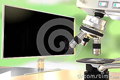 Virus analyzing concept, object 3D illustration - lab hi-tech microscope and monitor with blank space for your content on bokeh Cartoon Illustration