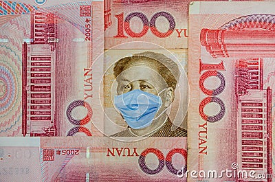 Coronavirus Wuhan Sars illness. Concept: Quarantine in China, 100 Yuan banknote with face mask. Economy and financial markets affe Stock Photo