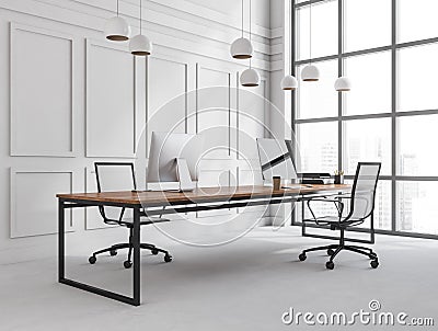 Coroner view of bright modern office space interior with two workplaces with desktops on desks and panoramic window with Singapore Stock Photo