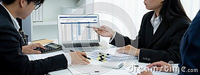 Corporate accountant use accounting software on laptop. Shrewd Stock Photo