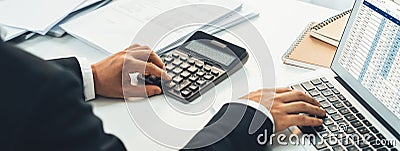 Corporate accountant use accounting software on laptop. Shrewd Stock Photo