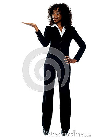 Corporate african lady presenting copy space Stock Photo