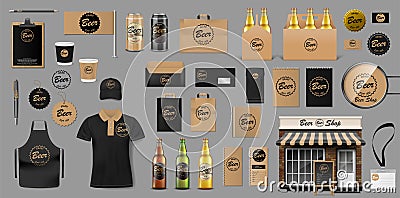 Corporate Branding identity template design for beer shop. Brewery elements for your Beer Pub or Bar. Realistic mockup Vector Illustration