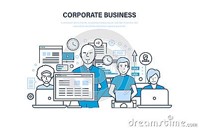 Corporate business concept. Business team, cooperation, collaboration, partnerships, teamwork. Vector Illustration