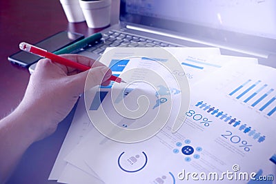 Corporate Business infograph checking sheet along with Laptop, Checking The Company Profit, Marketing Stock Photo