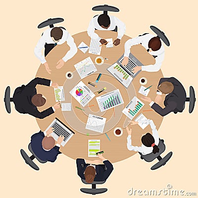 Corporate Business management teamwork meeting and brainstorming concept. Round table in top point of view Vector Illustration