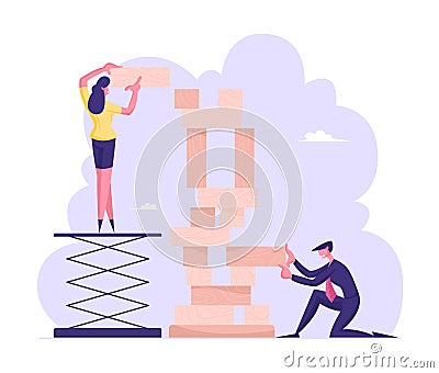 Corporate Business Strategy Concept. People Playing Team Game Building Huge Tower of Wooden Blocks Vector Illustration