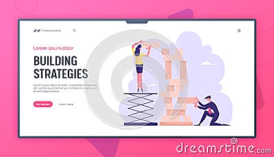 Corporate Business Strategy Website Landing Page. People Playing Team Game Building Tower of Wooden Blocks Vector Illustration