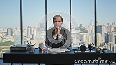 Corporate businessman thinking decision at cityscape closeup. Serious man look Stock Photo
