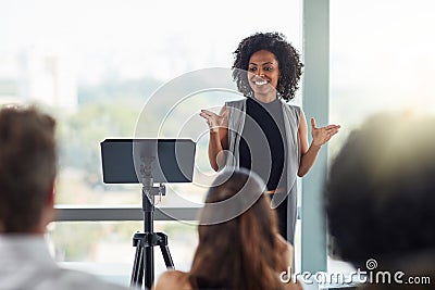 Corporate, businesswoman with presentation and in business meeting in conference room at work. Presenter, happy female Stock Photo