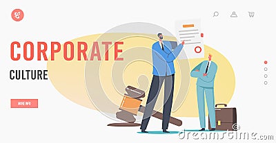 Corporate Culture Landing Page Template. Businessman Presenting Paper with Society Control Guidelines and Strategy Vector Illustration