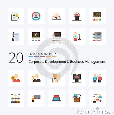 20 Corporate Development And Business Management Flat Color icon Pack like lightbulb brain user creative money Vector Illustration